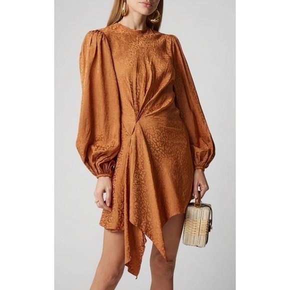 Johanna Ortiz Mini Long-Sleeve Brown Exotic Spices Satin-Jacquard Dress - Picture 3 of 5